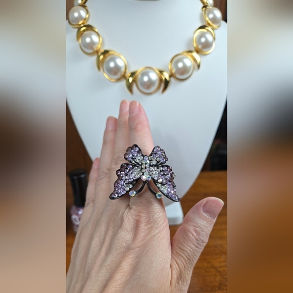 Purple Rhinestone Black Silver Tone Butterfly Ring Size 7 Adjustedble - Picture 9 of 17